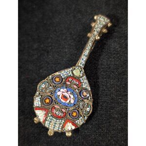 Vintage Italy Micro Mosaic Guitar Brooch Pin Colorful Inlay Glass Beads